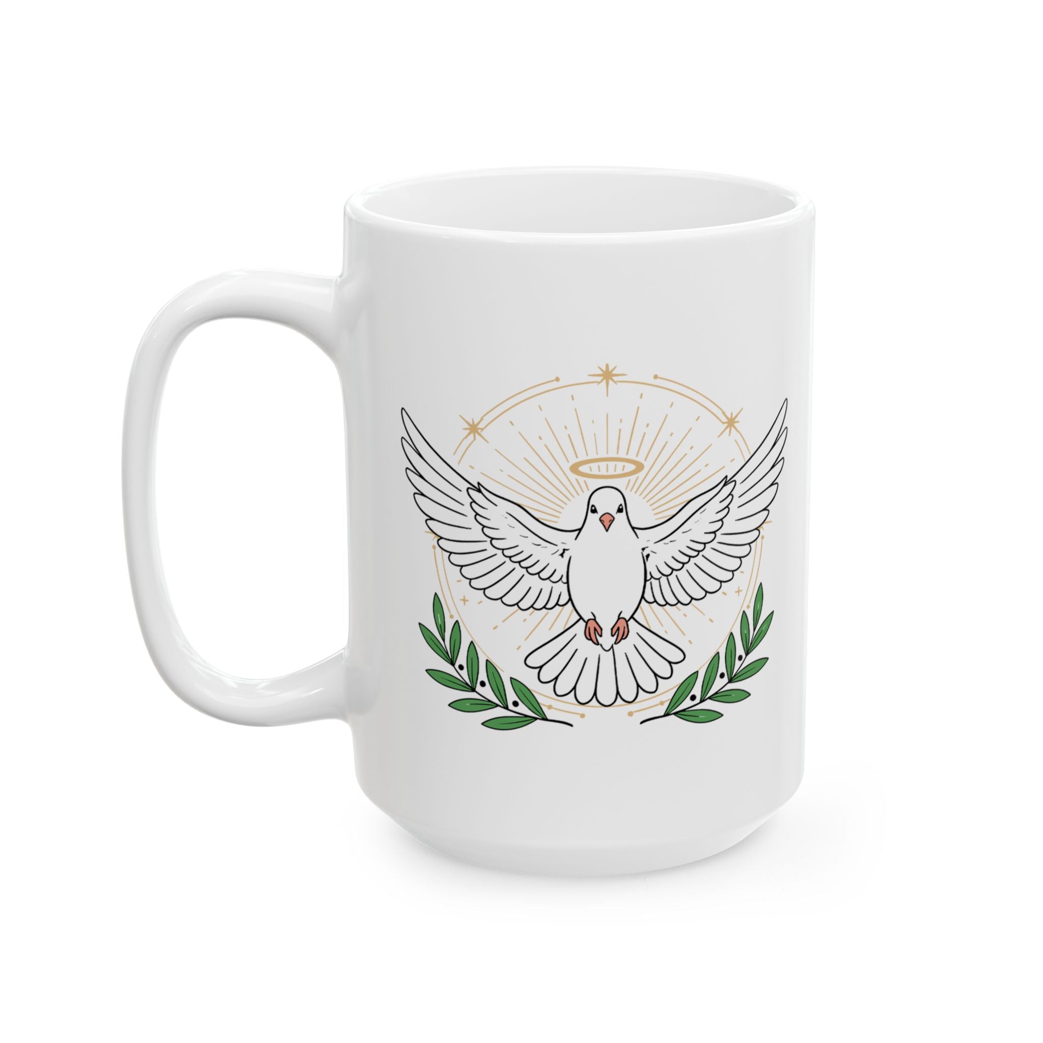 Peace & Hope Ceramic Mug — Dove and Olive Branch Inspirational Coffee Cup (11oz/15oz)