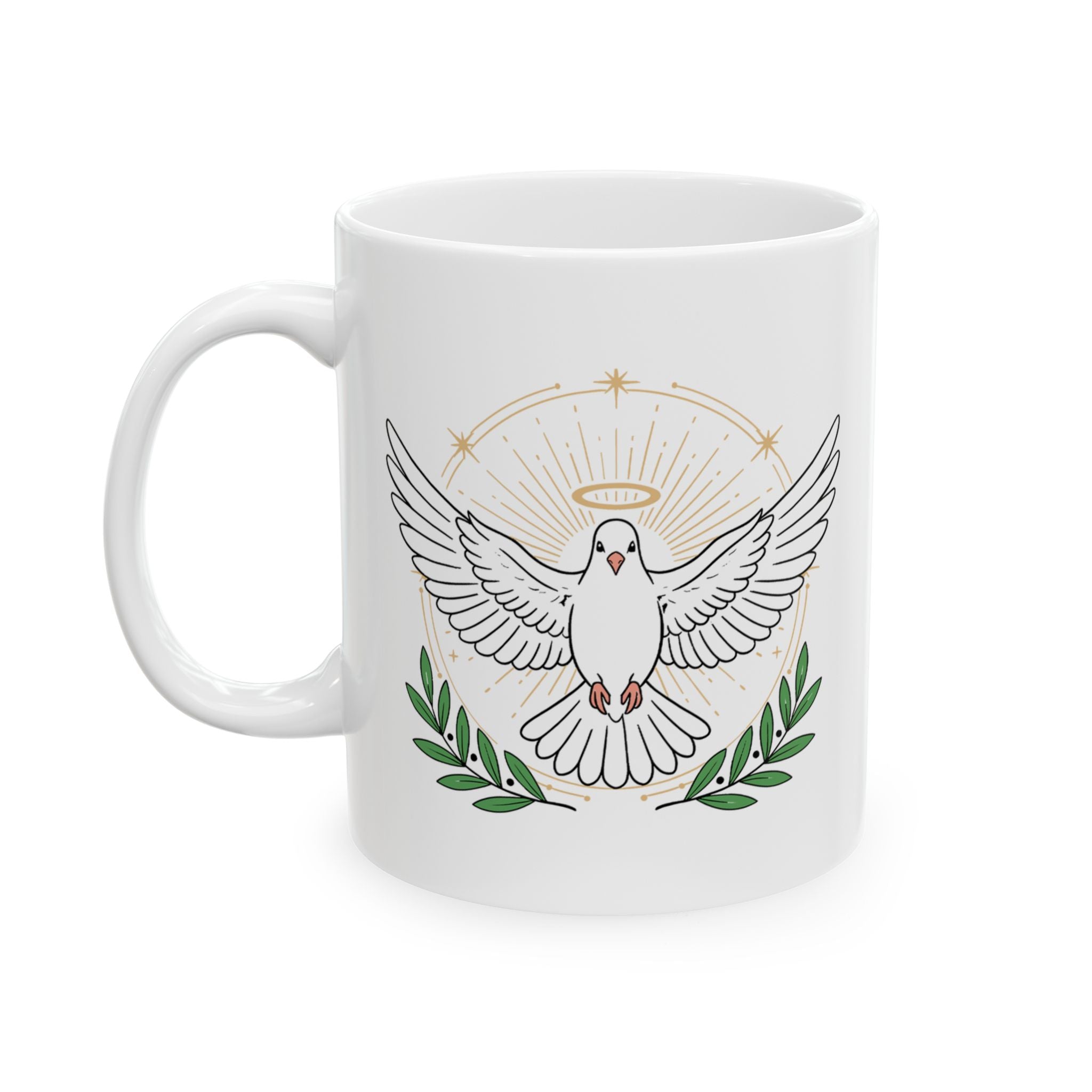Peace & Hope Ceramic Mug — Dove and Olive Branch Inspirational Coffee Cup (11oz/15oz)